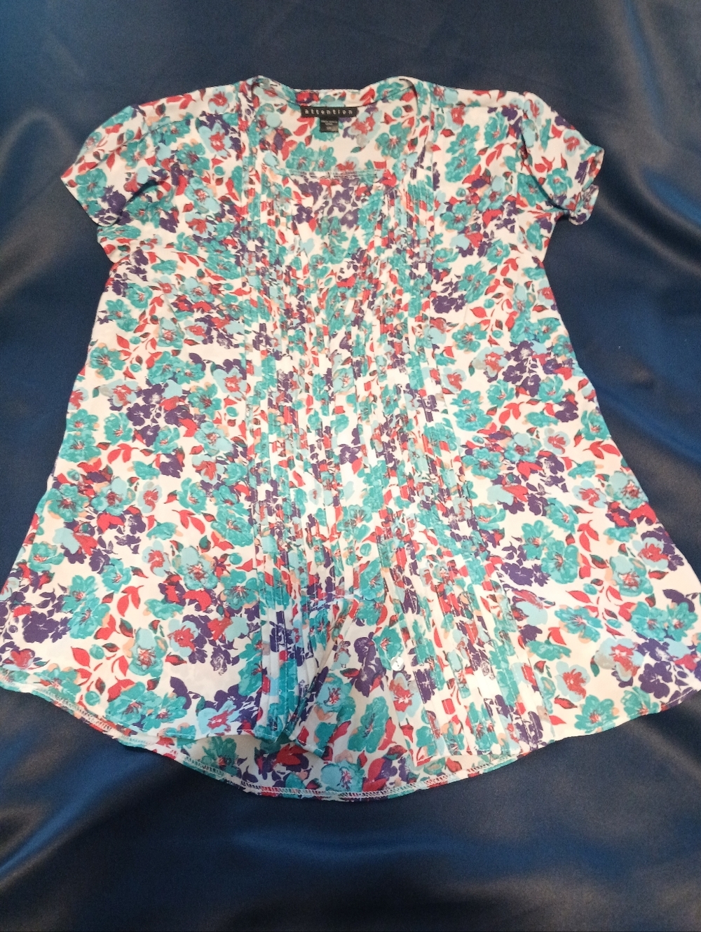 Teal, Purple & Coral Floral Short Sleeve Blousr